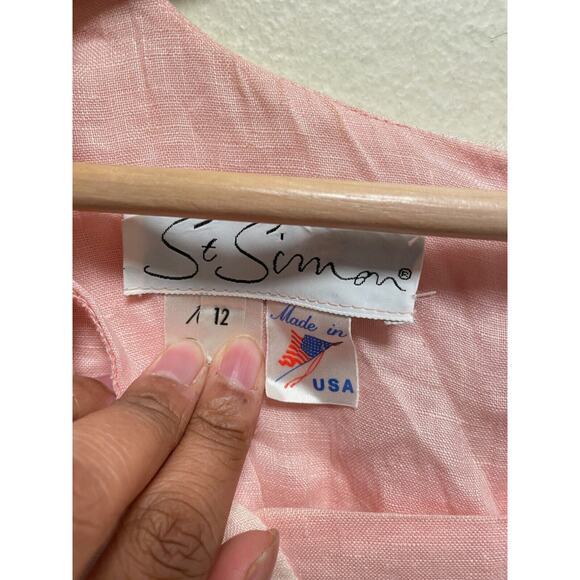 Vintage St. Simon Womens Dress Sz 12 Pink Linen Pleated Cottagecore Prairie FLAW - Picture 3 of 14